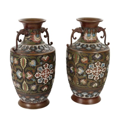 Paar Cloisonné Vasen Bronze Japan XIX-XX Jhd