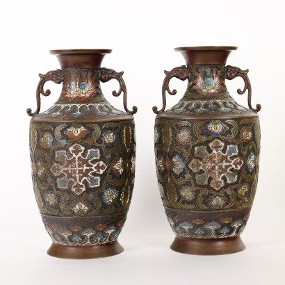 Paar Cloisonné Vasen Bronze Japan XIX-XX Jhd