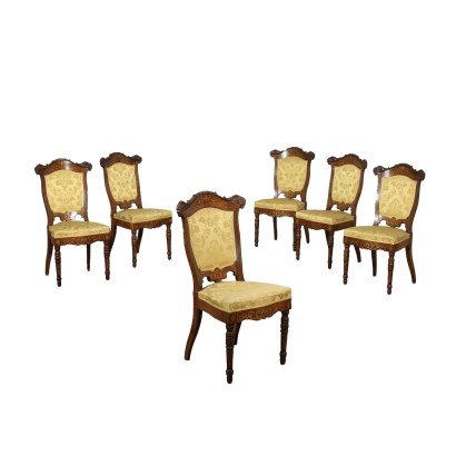 Groupe de 6 Chaises Charles X Noyer Italie XIX Siècle