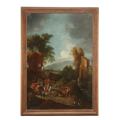 arte, arte italiana, pittura antica italiana,Grande Paesaggio con scena di Caccia,Grande paesaggio con scena di caccia a