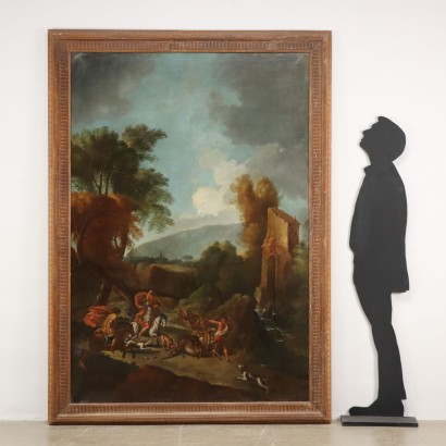 Large Landscape with Hunting Scene Oil on Canvas 18th Century