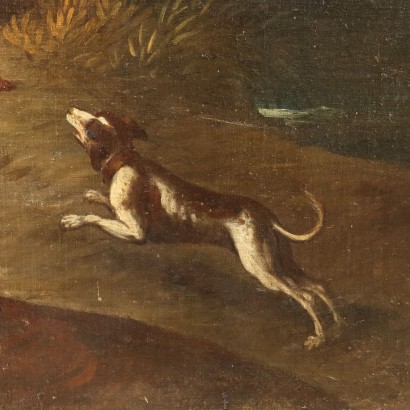 Large Landscape with Hunting Scene Oil on Canvas 18th Century