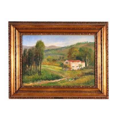 arte, arte italiano, pintura italiana del siglo XX, Pintura de Amerigo Canegrati, Paisaje montañoso con granja, Amerigo Canegrati