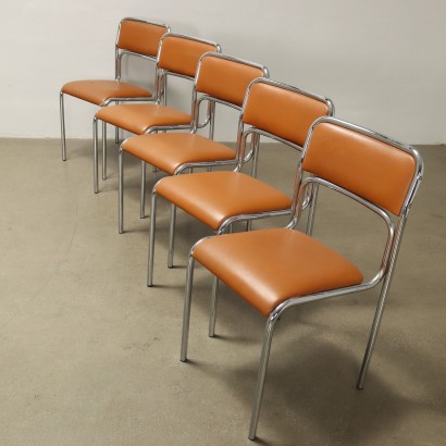 Groupe de 11 Chaises Simili Cuir Italie Années 1970