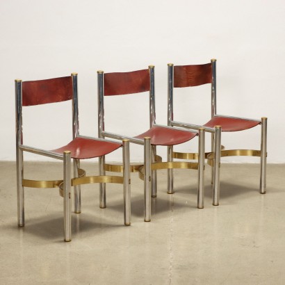 Groupe de 3 Chaises Cuir Italie Années 1970