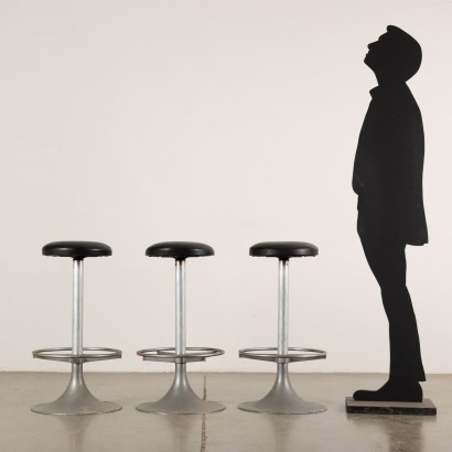 Groupe de 3 Tabourets Simili Cuir Italie Années 1960-1970