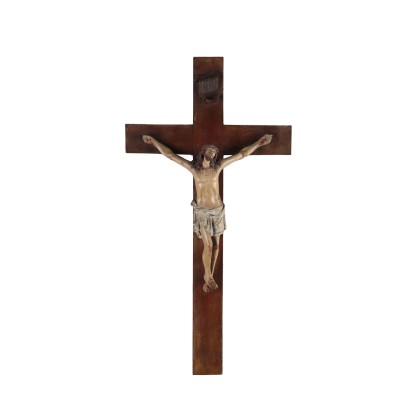 Crucifix en Bois avec Christ en Papier Mâché Italie XXe Siècle