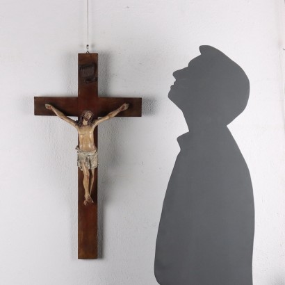 Crucifix en Bois avec Christ en Papier Mâché Italie XXe Siècle