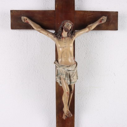 Crucifix en Bois avec Christ en Papier Mâché Italie XXe Siècle