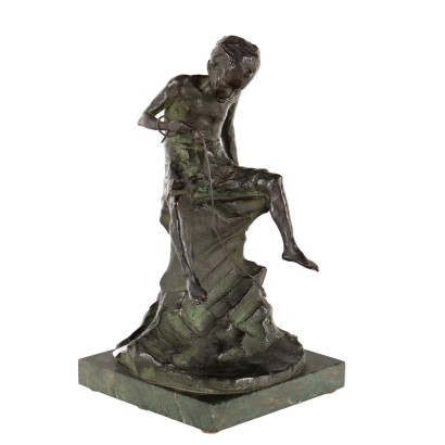 Der Kleine Fischer Bronzeskulptur von A. Bezzola Italien XIX Jhd