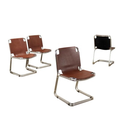 Groupe de 4 Chaises Cuir Italie Années 1970