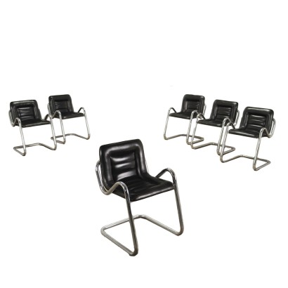 Groupe de 6 Chaises Simili Cuir Italie Années 1970