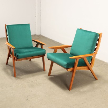 Pair of Armchairs Beech Wood Italy 1950s