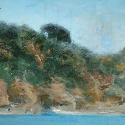 arte, arte italiana, pittura novecento italiana,Dipinto con Paesaggio di Berto Ferrari%2,Spiaggia ligure,Berto Ferrari