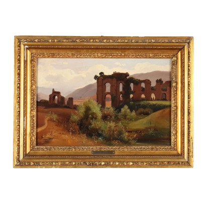 Cuadro de paisaje italiano con ruinas y figuras
