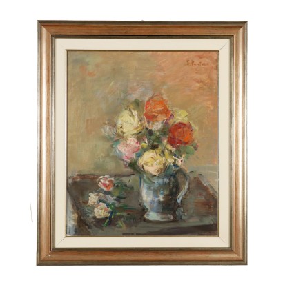 E. Pastorio Roses en Vase Huile sur Toile Italie XXe Siècle