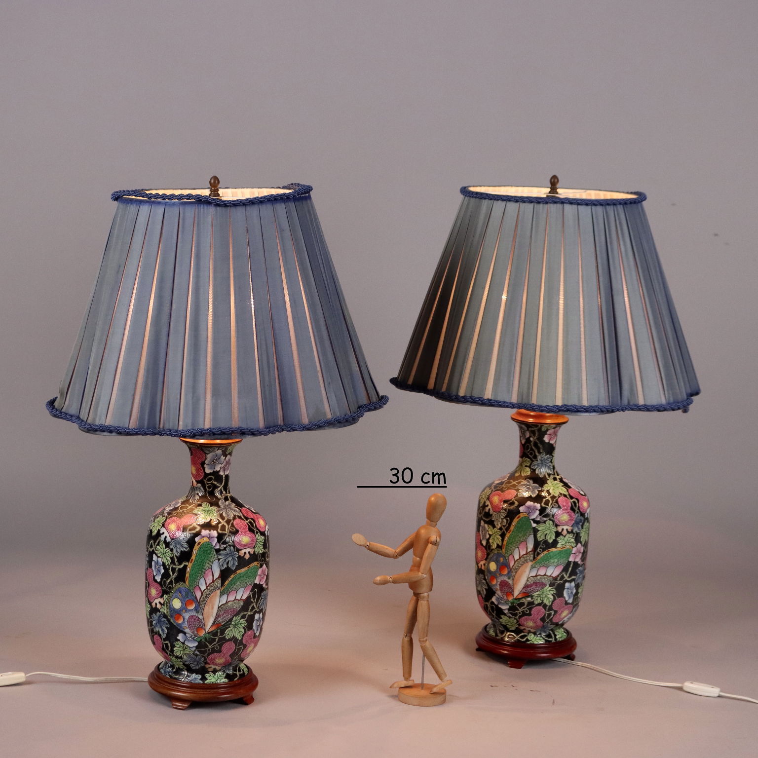 Paire de Lampes de Table Anciennes Porcelaine Tissu Chine '900