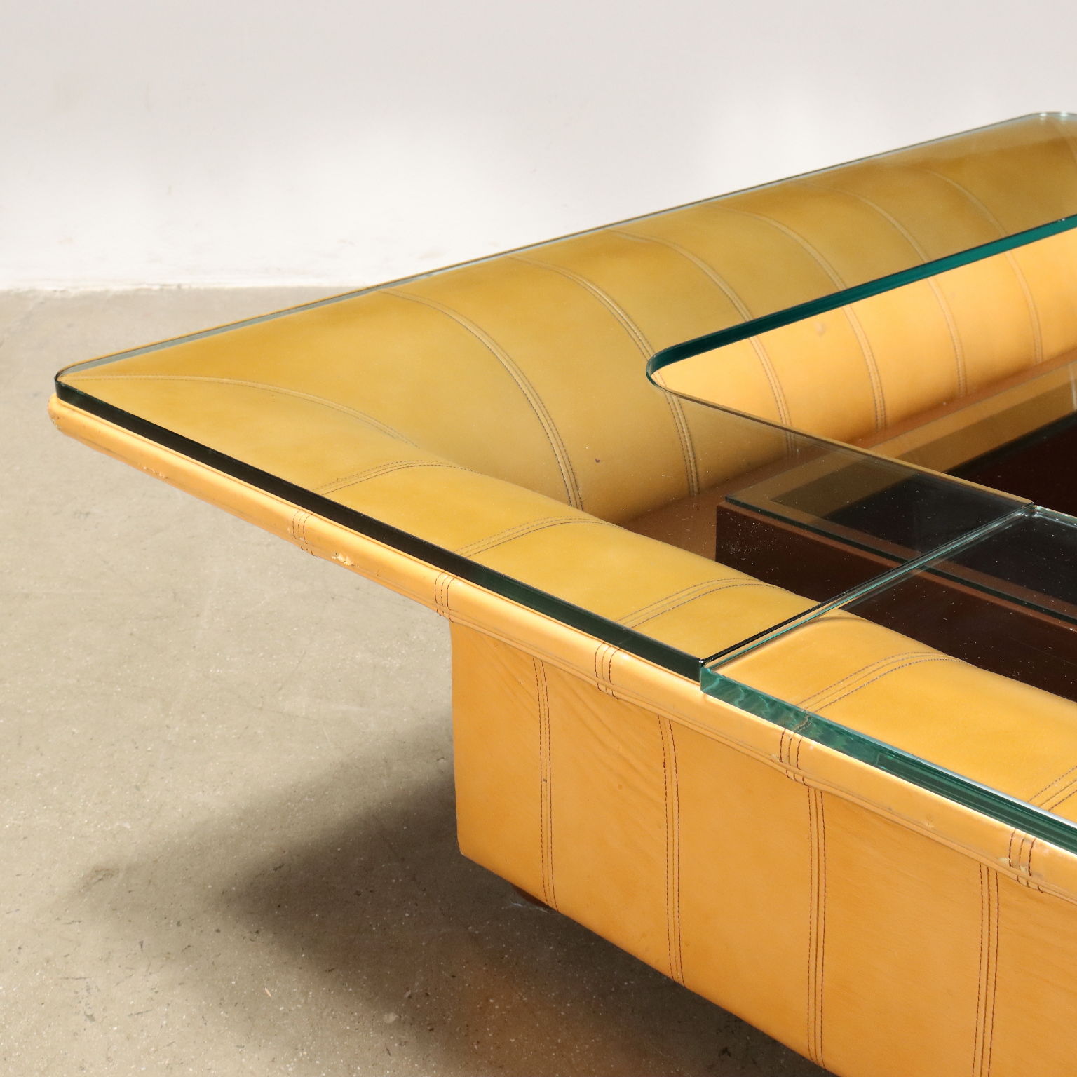 Vintage 1970s Coffee Table Lacquered Wood Glass Top Leather
